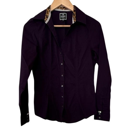 Express Tops - Express Deep Purple Button Down Shirt Leopard Trim Collar Women Small